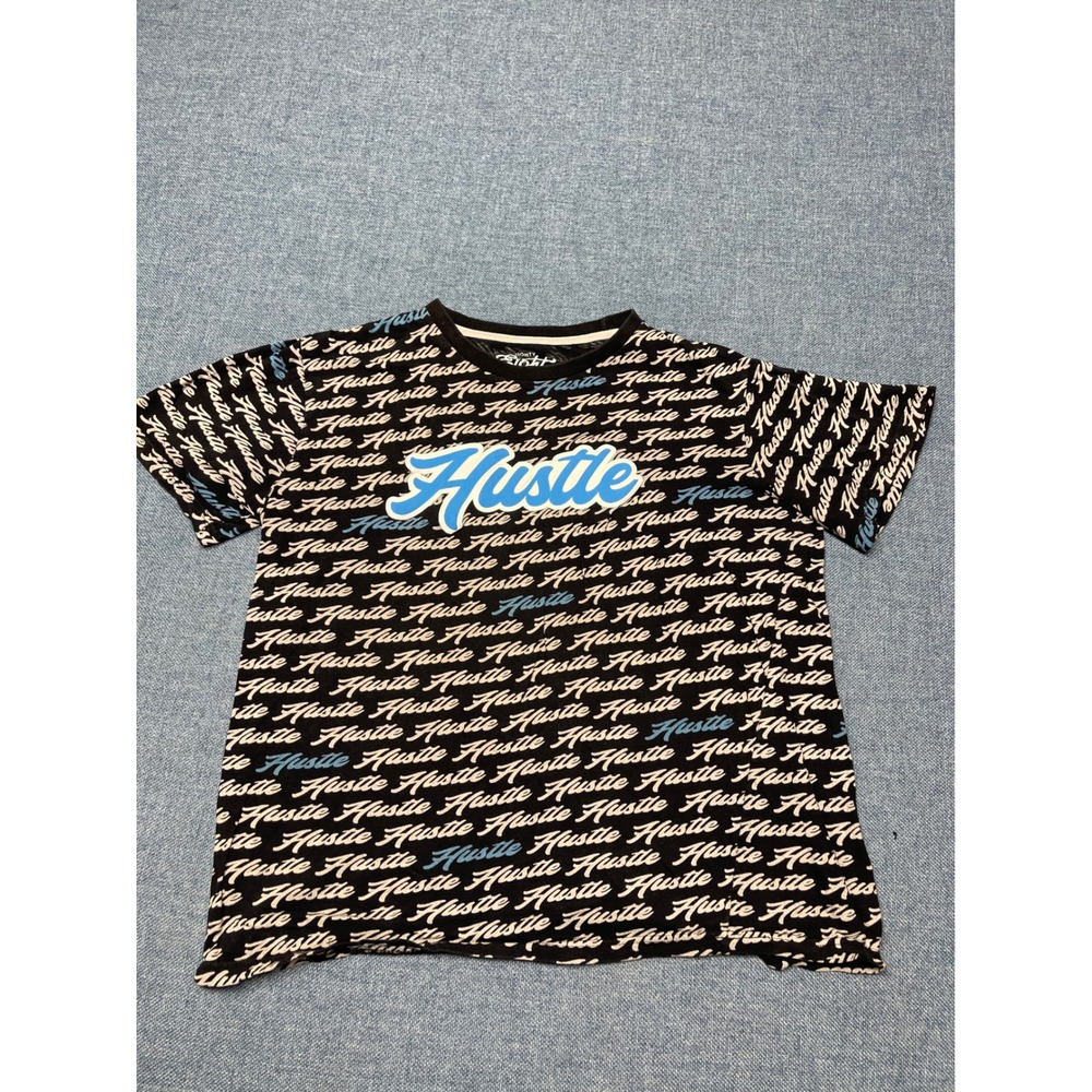 Eighty Eight Brand Mens Hustle Graphic T-Shirt Black Blue All Over Print Large